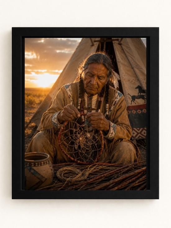 Hand Crafted Other - Native Elder Crafting Dreamcatcher Framed AI Art Print 8x10 Frame